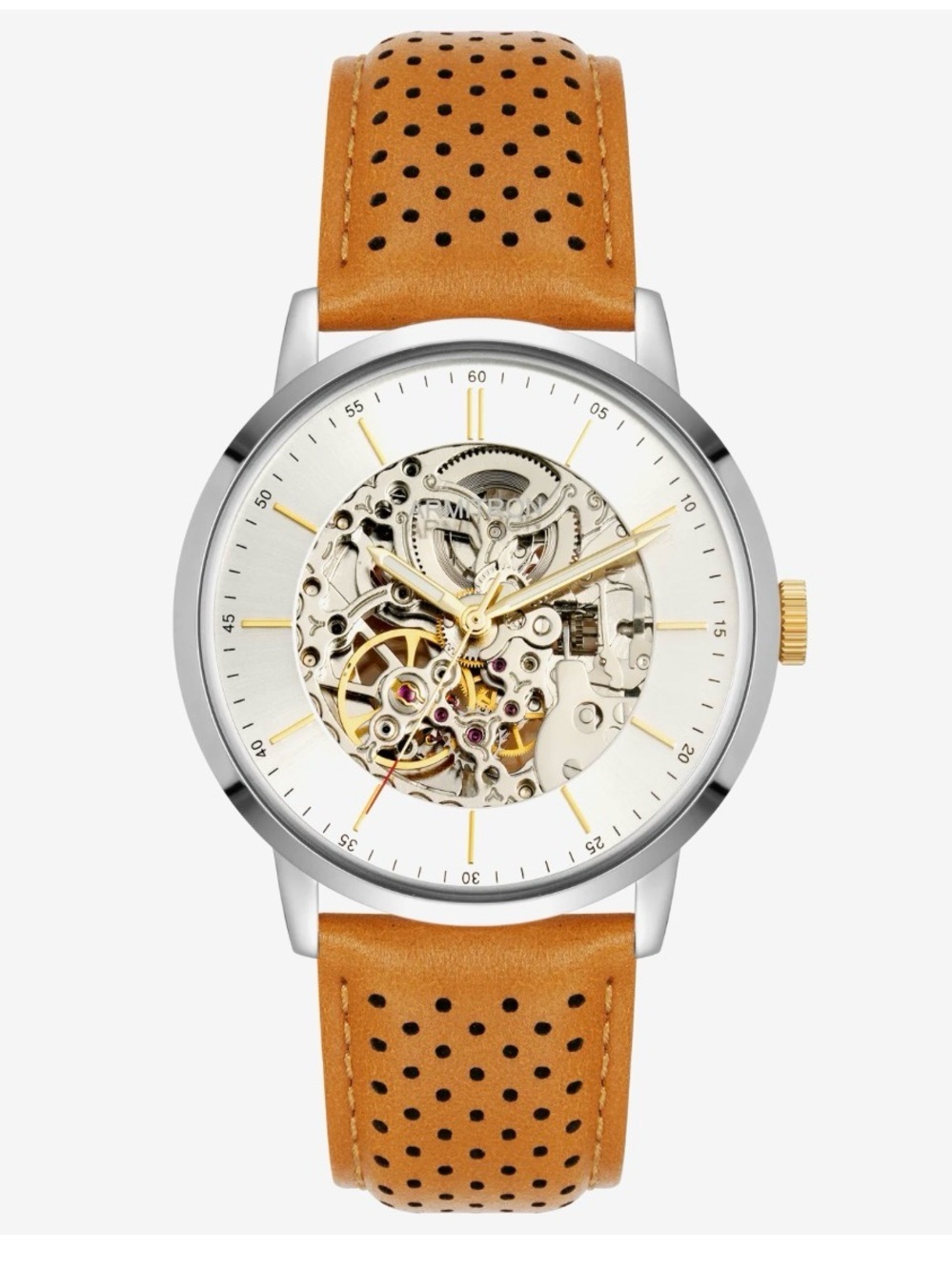 Armitron Silver Skeleton Mechanical Watch with Brown Leather Strap
